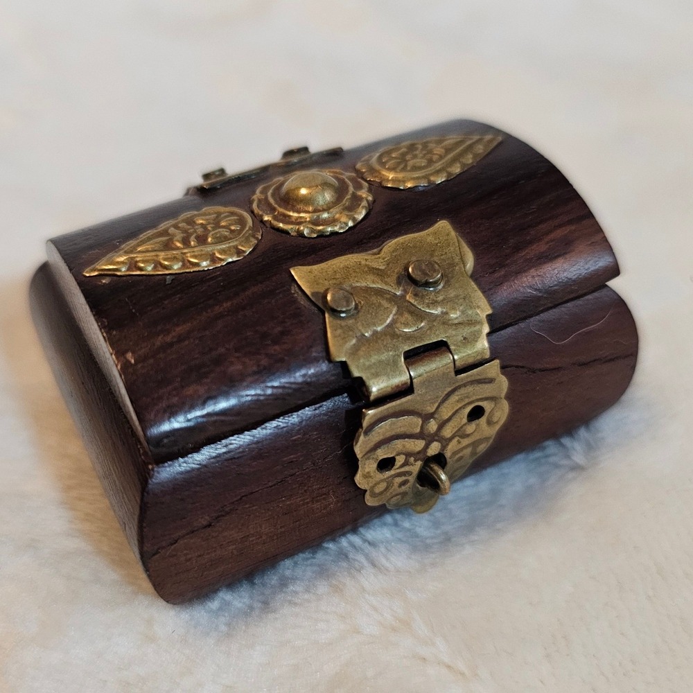 Vintage Tiny Trinket Lined Wood Box with Brass Latch, Hinges & Design